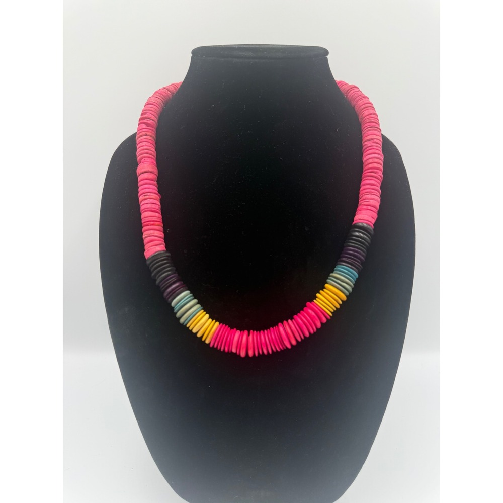 Vintage Pink Multicolor Disc Bead Necklace Boho Chunky Statement Barrel Clasp